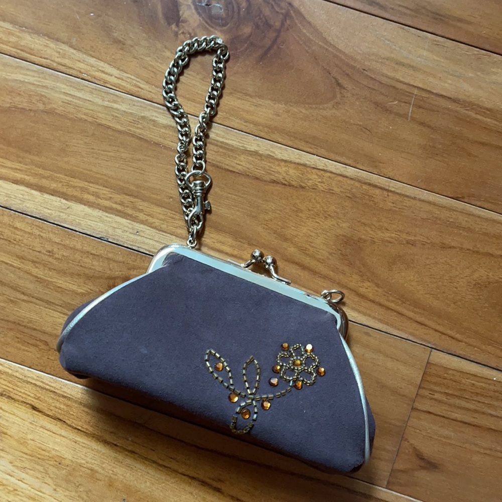 Liz Claiborne Brown Satin Evening Clutch with Gold Chain - Picture 6 of 8